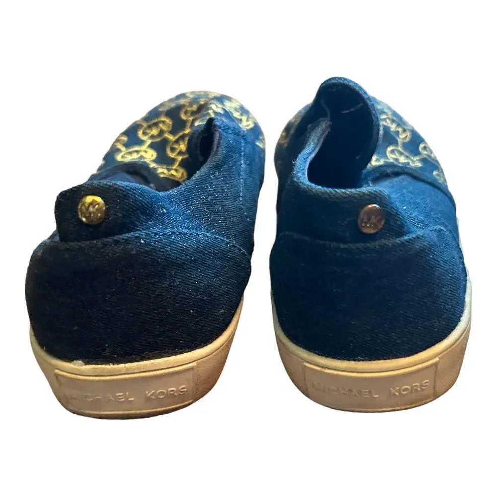 Michael Kors Denim Slip on Sneakers Women’s Size 5 Blue Gold Logo Designer Shoes